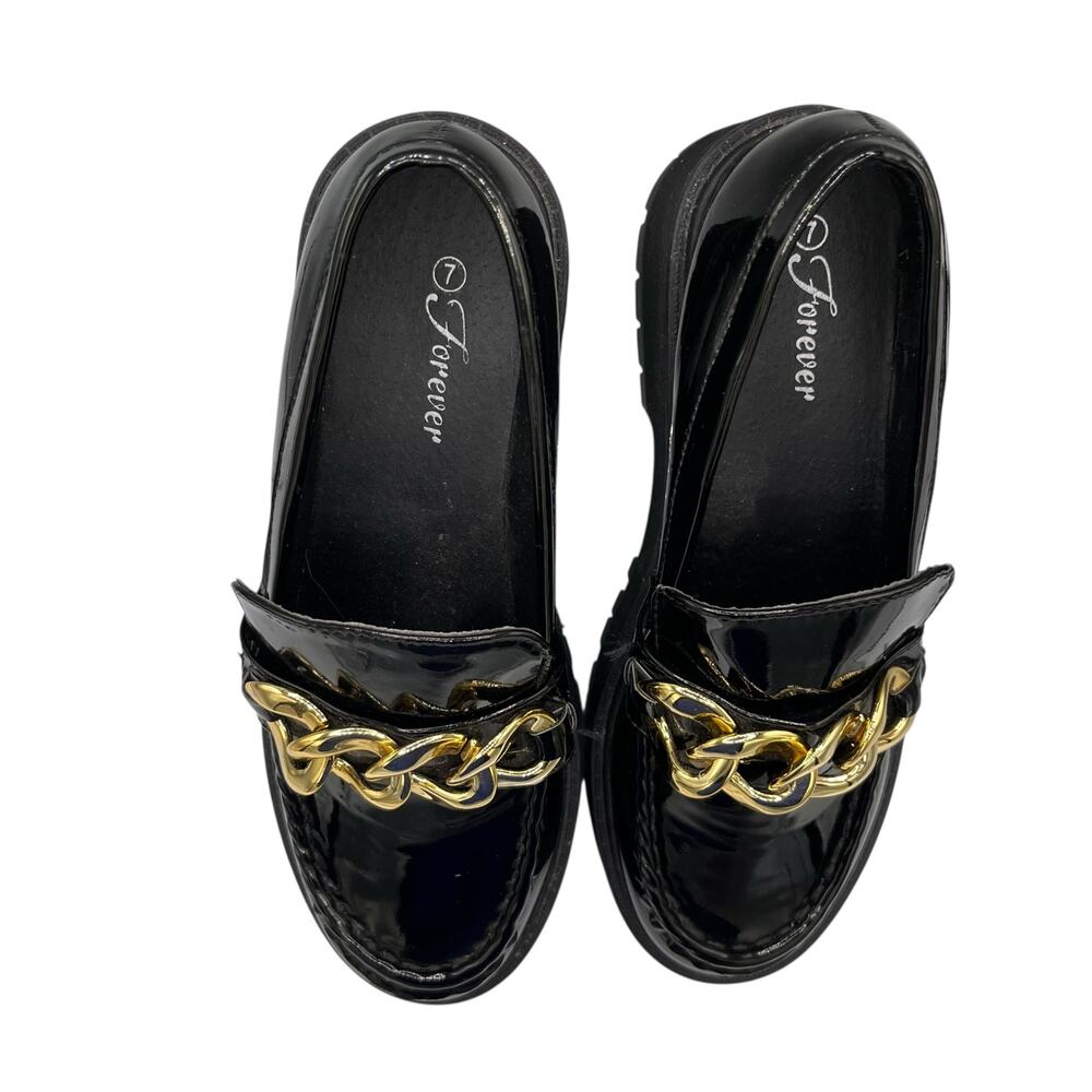Forever Chunky Patent Leather Loafers Black Gold Chain Accent Lug Sole Sz. 7 Y2K - Picture 3 of 5